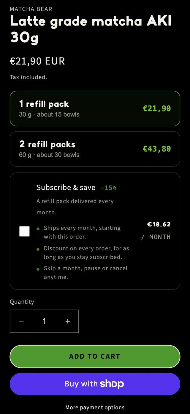 The same buy box on a phone: product name and price, the 1 and 2 refill pack choices, the Subscribe and save box with its three points, the quantity field, the green Add to cart button and the Buy with Shop button.
