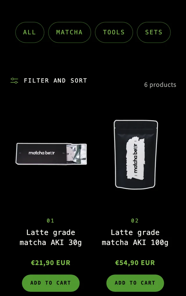 The same shop page on a phone: the four category buttons, the filter line and the first two products in two columns, each with its price and a green Add to cart button.