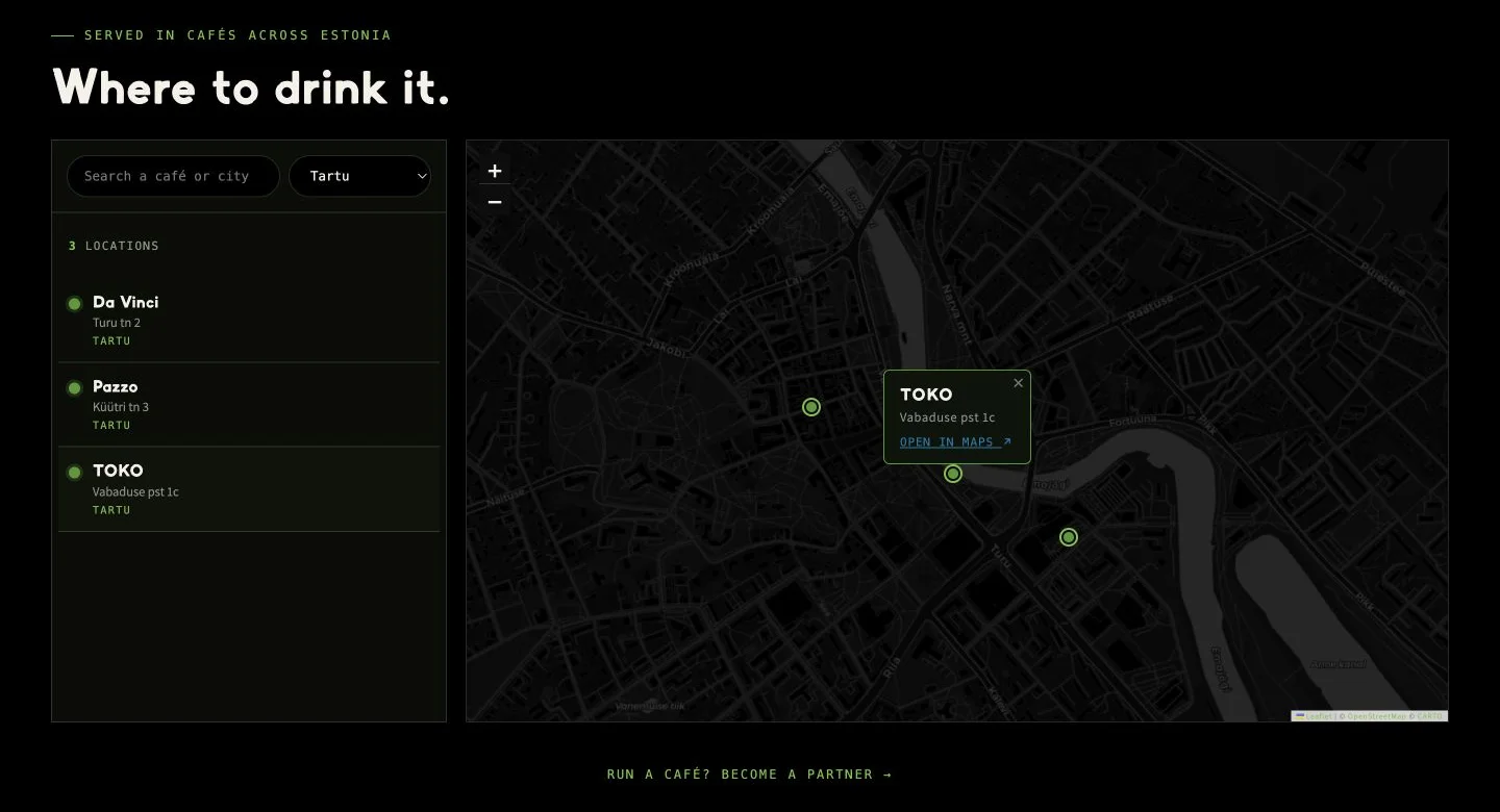 The Where to drink it partner map, showing three partner locations in Tartu