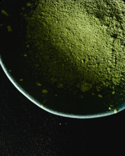 Close-up of matcha powder in a dark bowl