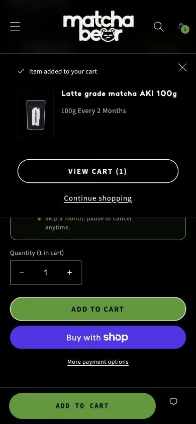 A subscription of the 100 g matcha, every two months, added to the cart on a phone