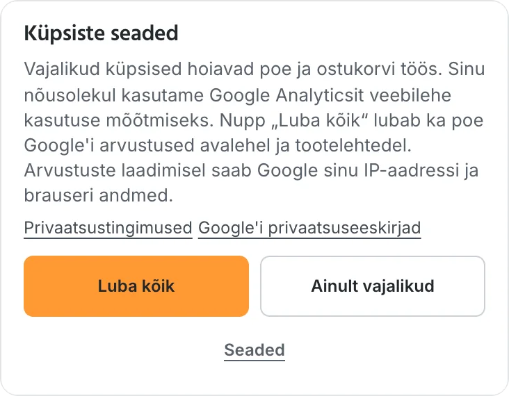 RehvidTartus24 küpsiseteade telefonis valikutega „Luba kõik“, „Ainult vajalikud“ ja „Seaded“.