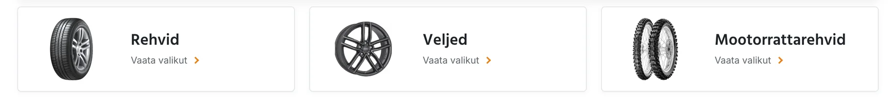 Avalehe kolm kaarti nimedega Rehvid, Veljed ja Mootorrattarehvid, igaühel pilt ja link Vaata valikut.