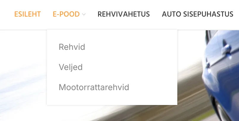 Peamenüü, kus E-pood on avatud ja näha on Rehvid, Veljed ja Mootorrattarehvid.