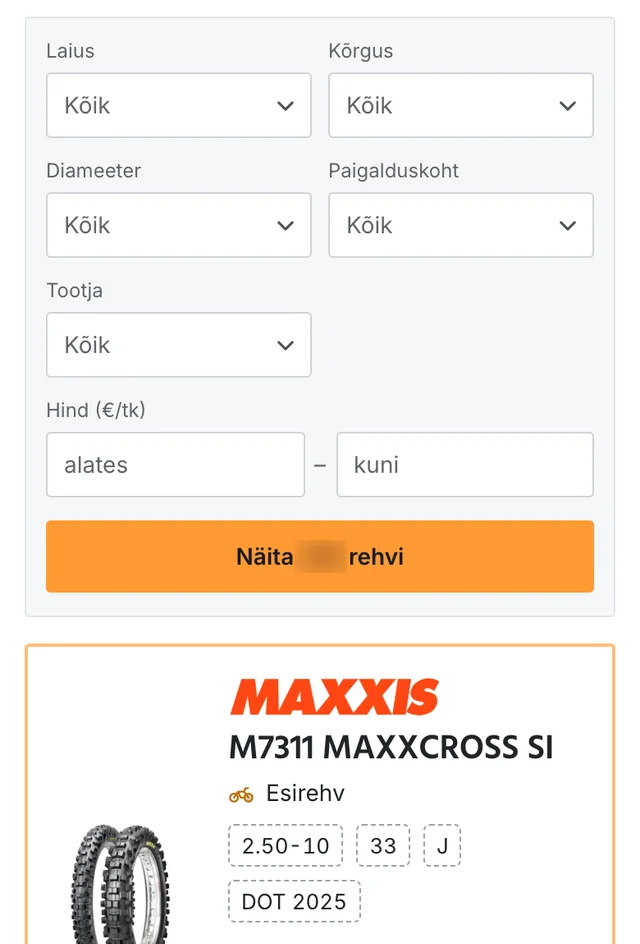 Samad kuus mootorrattarehvide filtrit telefonis, otsingunupp hägustatud arvuga ja selle all esirehvi rea algus.