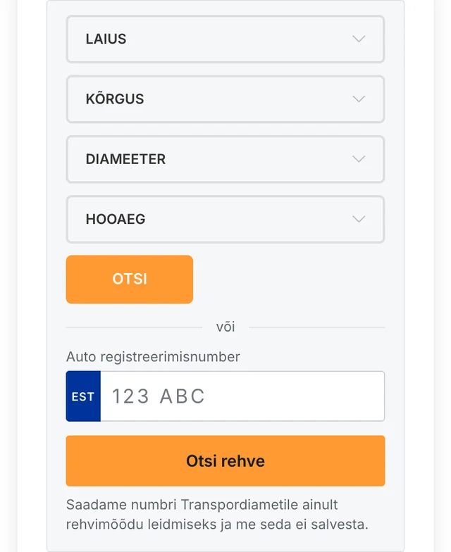 Otsingukast telefonis: mõõdu järgi otsingu väljad, nende all tühi numbrimärgi väli ja nupp Otsi rehve.