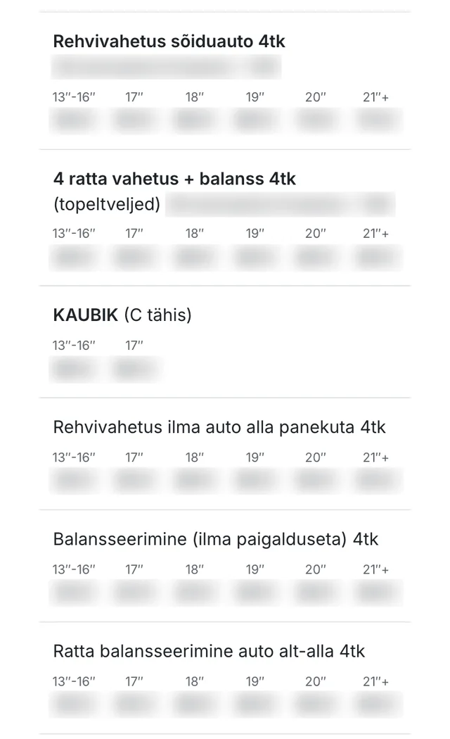 Sama tabeli algus telefonis, iga teenuse all velje mõõdud. Hinnad on hägustatud.