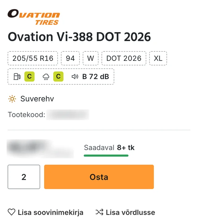 Sama tooteleht telefonis: tootja logo, mudeli nimi, mõõdu ja indeksite sildid, EL-i rehvimärgise klassid, laoseisu rida ja nupp Osta. Hind ja tootekood on hägustatud.