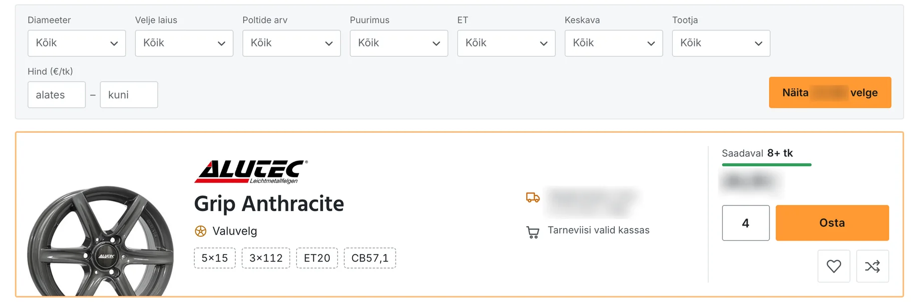 Velgede filtrid diameetri, velje laiuse, poltide arvu, puurimuse, ET, keskava, tootja ja hinna järgi valuvelje rea kohal. Otsingunupul olev arv, hind ja tarneinfo on hägustatud.