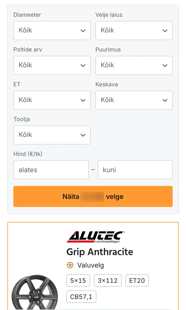 Samad kaheksa velgede filtrit telefonis kahes veerus, otsingunupp hägustatud arvuga ja selle all valuvelje rea algus.
