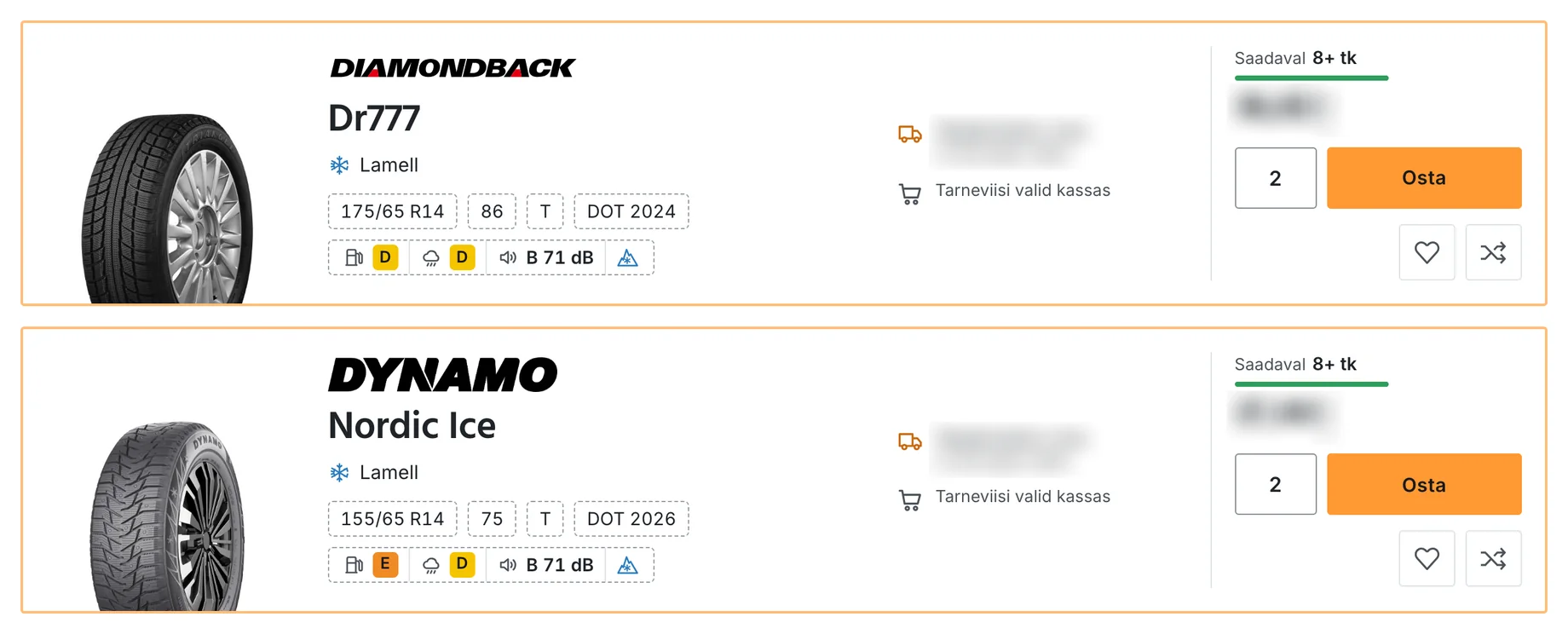 Kaks talverehvi rida arvutis, igaühel rehvi foto, tootja logo, mudel, mõõt, koormus- ja kiirusindeksi sildid, aasta, EL-i rehvimärgise klassid, laoseisu rida ja nupp Osta. Hinnad ja tarneinfo on hägustatud.