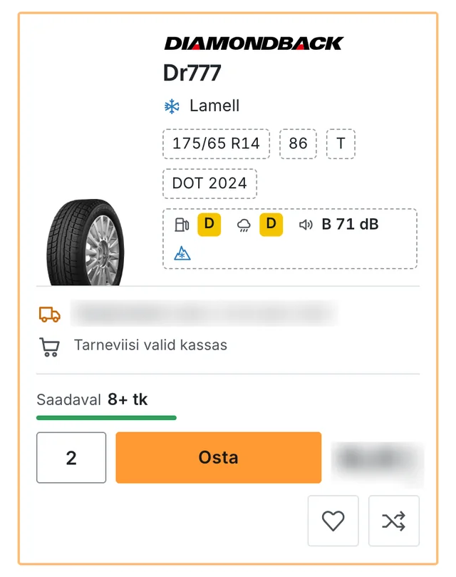 Üks talverehvi rida telefonis fotost ja tootja logost kuni laoseisu rea ja nupuni Osta. Hind ja tarneinfo on hägustatud.