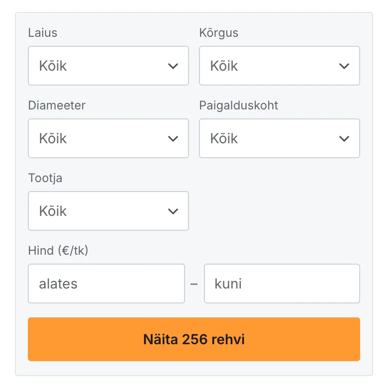 Mootorrattarehvide otsing RehvidTartus24 e-poes telefonis: filtrid laiuse, kõrguse, diameetri, paigalduskoha, tootja ja hinna järgi ning otsingunupp rehvide arvuga.