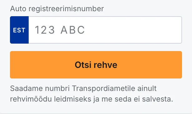 Numbrimärgi väli RehvidTartus24 avalehel telefonis: silt „Auto registreerimisnumber“, EST-märgiga väli näitega 123 ABC, nupp „Otsi rehve“ ja rida, mis ütleb, et number läheb Transpordiametile ainult rehvimõõdu leidmiseks ja seda ei salvestata.