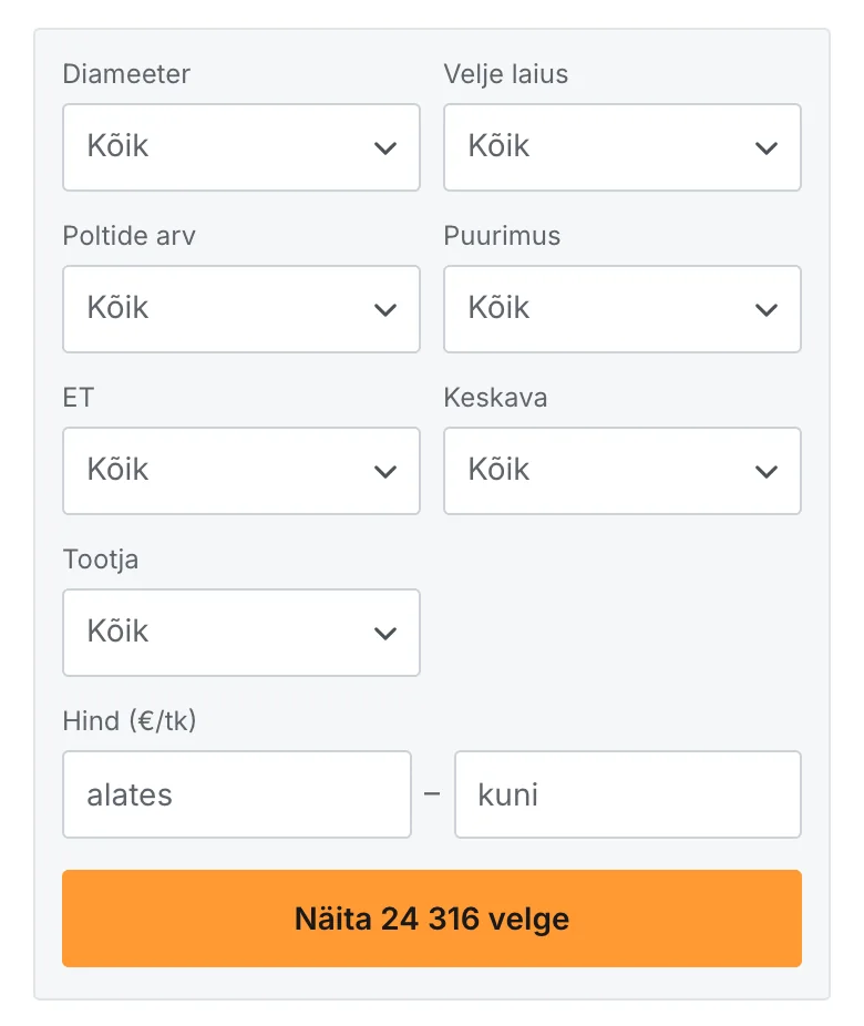 RehvidTartus24 velgede otsing telefonis: filtrid diameetri, velje laiuse, poltide arvu, puurimuse, ET, keskava, tootja ja hinna järgi ning otsingunupp velgede arvuga.