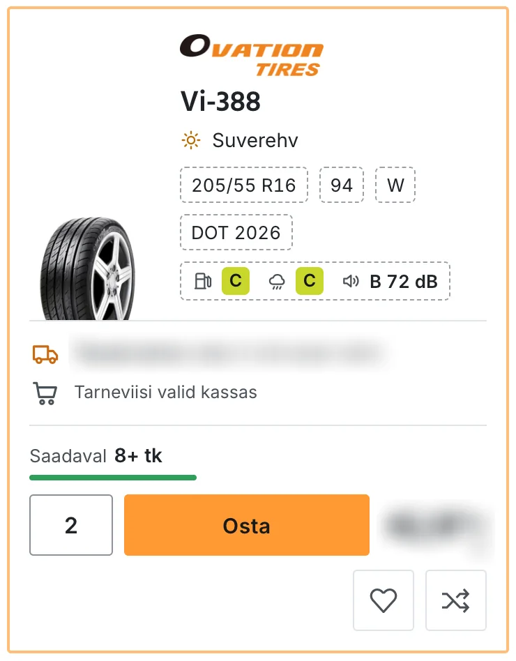 Üks terve rehvi rida RehvidTartus24 nimekirjas telefonis: rehvi foto, tootja logo, mudel Vi-388, suverehv, mõõt 205/55 R16, koormusindeks 94, kiirusindeks W, tootmisaasta 2026, EL-i rehvimärgise klassid, tarneread, laoseisu rida, koguse väli, nupp Osta ning soovinimekirja ja võrdlemise nupud. Hind ja tarneinfo on hägustatud.